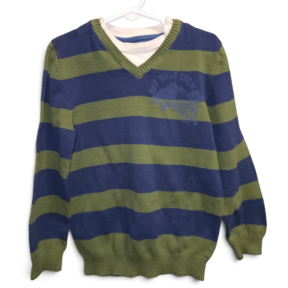 Greendog Striped Sweater Boys Size 7 Green Blue Excellent V-Neck Layered Look